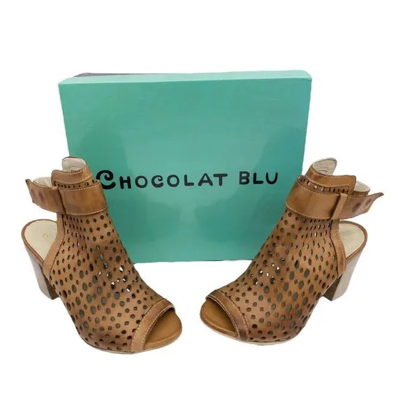 Chocolat Blu Brown Camel Laser Cut Cameron Open Toe Leather Sandals 36