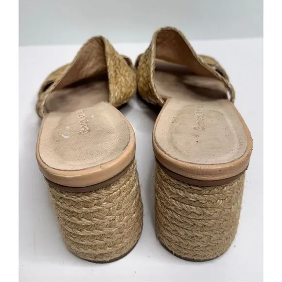 Chocolat Blue Sandals Size 8 Raffia Slide Sandals Block Heel Leather Lining