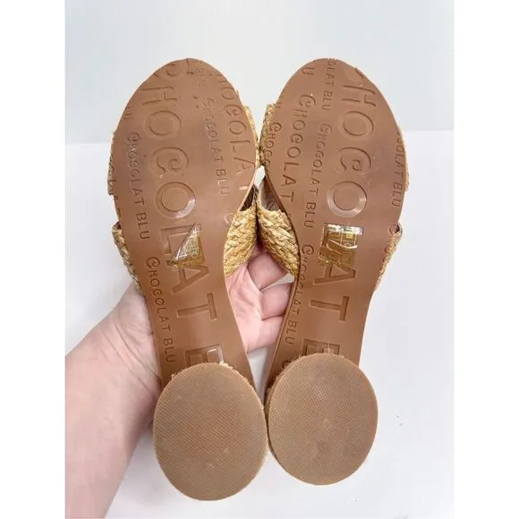 Chocolat Blue Sandals Size 8 Raffia Slide Sandals Block Heel Leather Lining