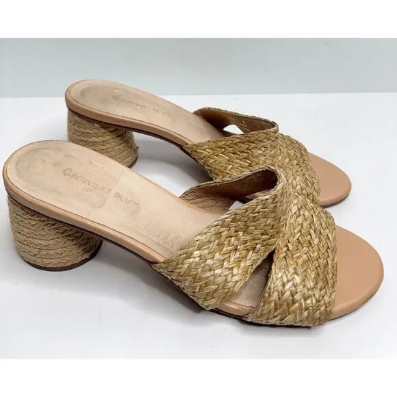 Chocolat Blue Sandals Size 8 Raffia Slide Sandals Block Heel Leather Lining
