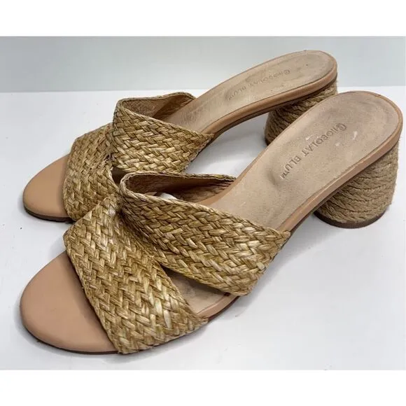 Chocolat Blue Sandals Size 8 Raffia Slide Sandals Block Heel Leather Lining