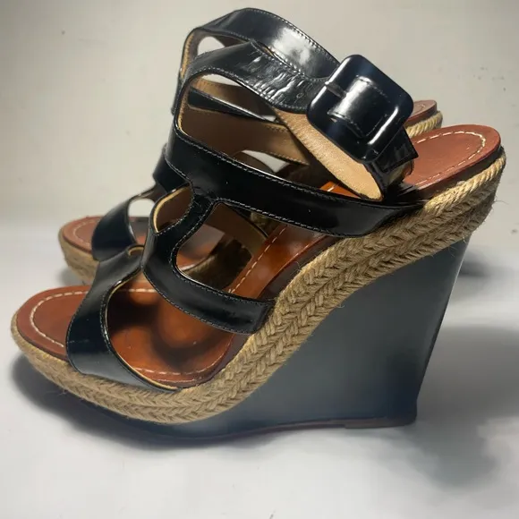 CHRISTIAN LOUBOUTIN Black patent leather cut out wedge sandals sz 37