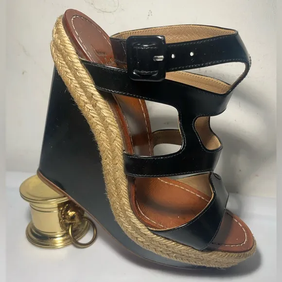 CHRISTIAN LOUBOUTIN Black patent leather cut out wedge sandals sz 37