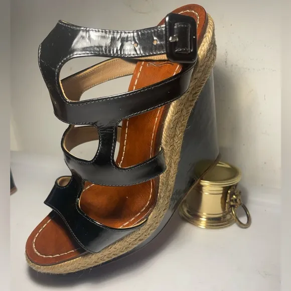 CHRISTIAN LOUBOUTIN Black patent leather cut out wedge sandals sz 37