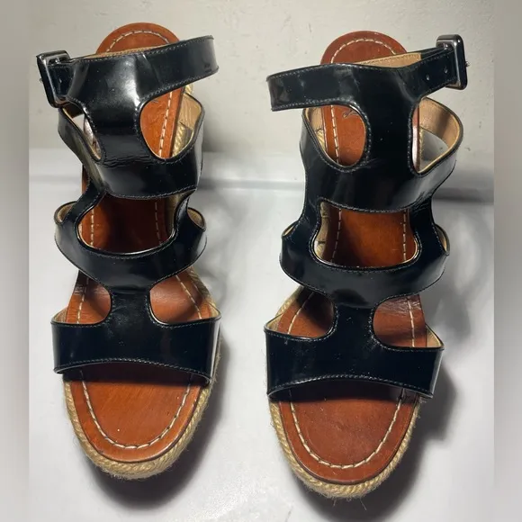 CHRISTIAN LOUBOUTIN Black patent leather cut out wedge sandals sz 37