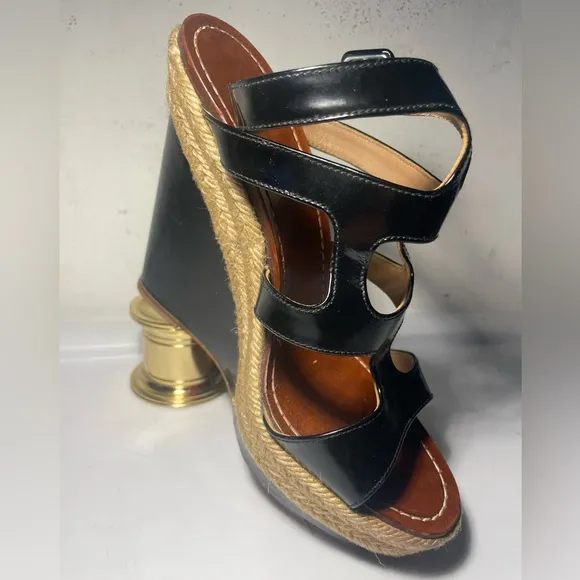 CHRISTIAN LOUBOUTIN Black patent leather cut out wedge sandals sz 37