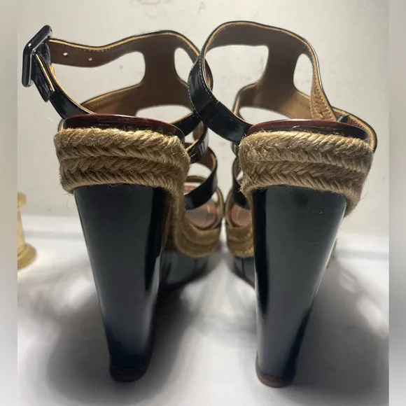 CHRISTIAN LOUBOUTIN Black patent leather cut out wedge sandals sz 37
