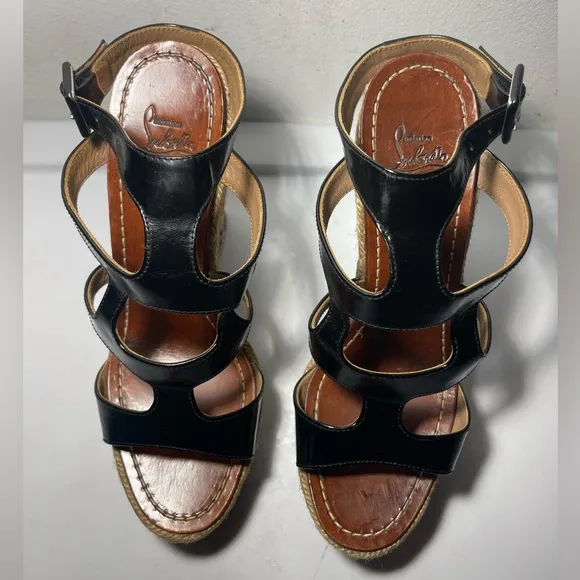 CHRISTIAN LOUBOUTIN Black patent leather cut out wedge sandals sz 37