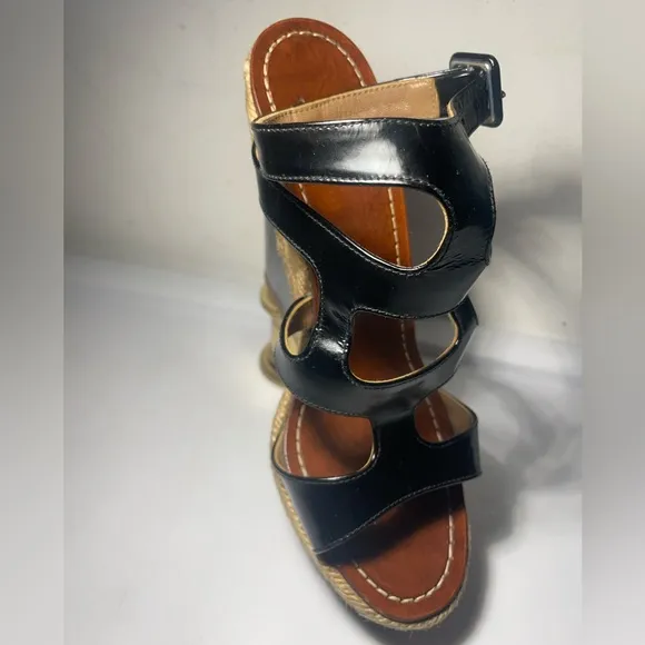 CHRISTIAN LOUBOUTIN Black patent leather cut out wedge sandals sz 37