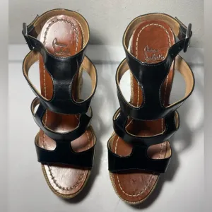 CHRISTIAN LOUBOUTIN Black patent leather cut out wedge sandals sz 37