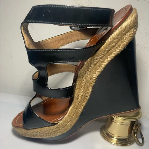 CHRISTIAN LOUBOUTIN Black patent leather cut out wedge sandals sz 37
