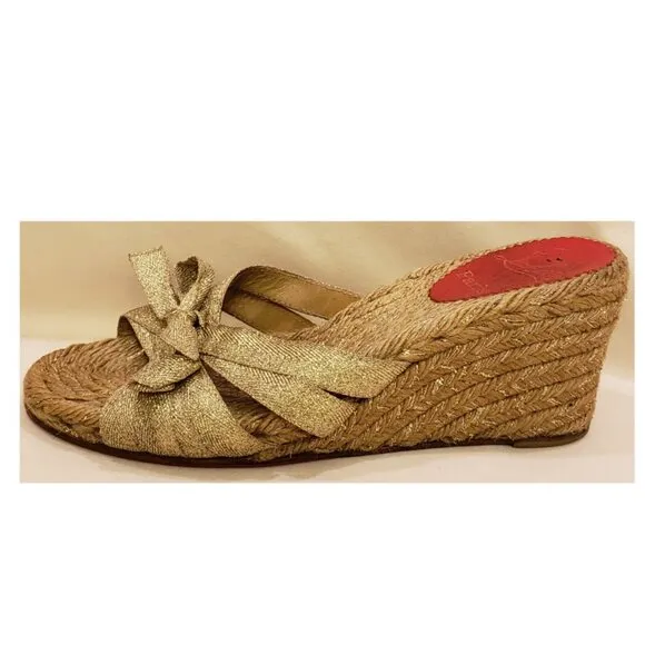 Christian Louboutin Gold Metallic Raffia Wedge Heels Shoes Size -EU 39/US ~9