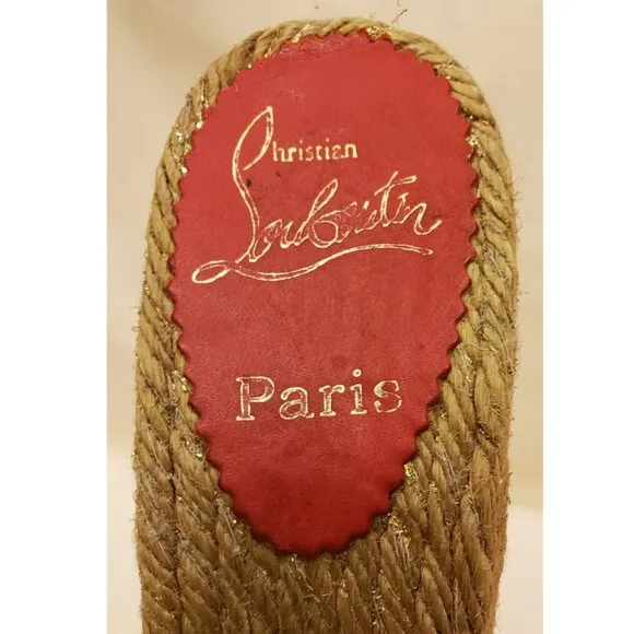 Christian Louboutin Gold Metallic Raffia Wedge Heels Shoes Size -EU 39/US ~9