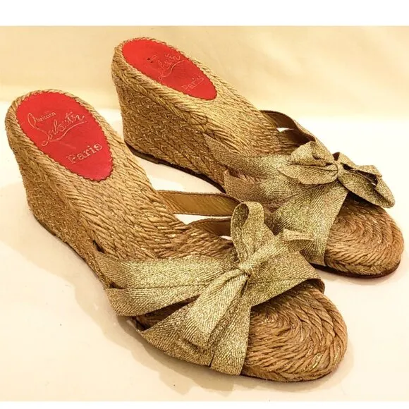 Christian Louboutin Gold Metallic Raffia Wedge Heels Shoes Size -EU 39/US ~9