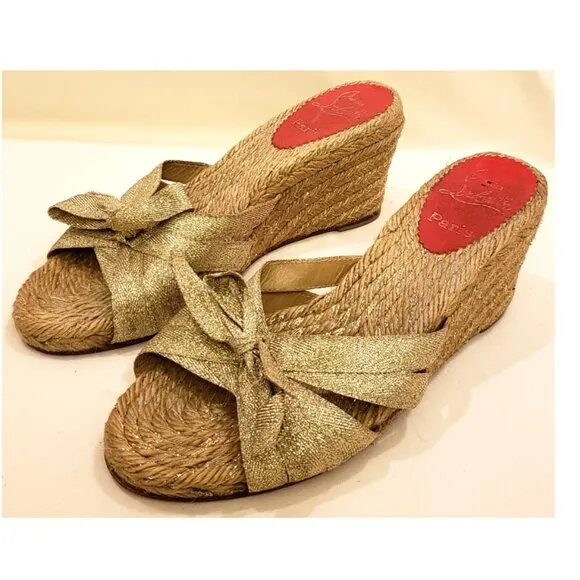 Christian Louboutin Gold Metallic Raffia Wedge Heels Shoes Size -EU 39/US ~9