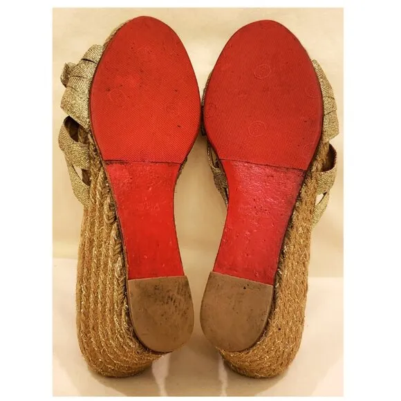 Christian Louboutin Gold Metallic Raffia Wedge Heels Shoes Size -EU 39/US ~9