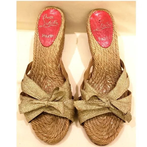 Christian Louboutin Gold Metallic Raffia Wedge Heels Shoes Size -EU 39/US ~9