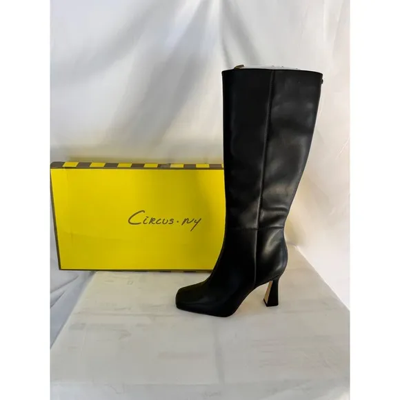 Circus NY Emmy Knee High Boots Square Toe Heel Black Leather Size 9.5