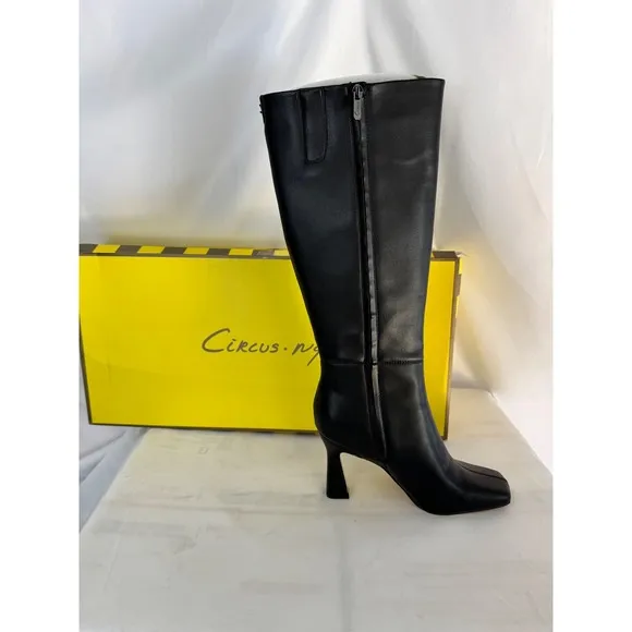 Circus NY Emmy Knee High Boots Square Toe Heel Black Leather Size 9.5