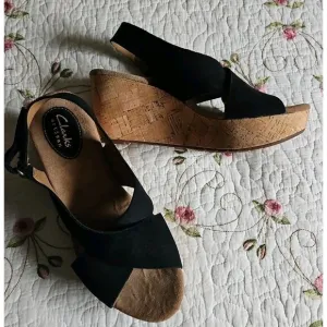 Clarks Artisan Caslynn Shae Leather Wedge Cork Slingback Sandals Sz 8 New $120
