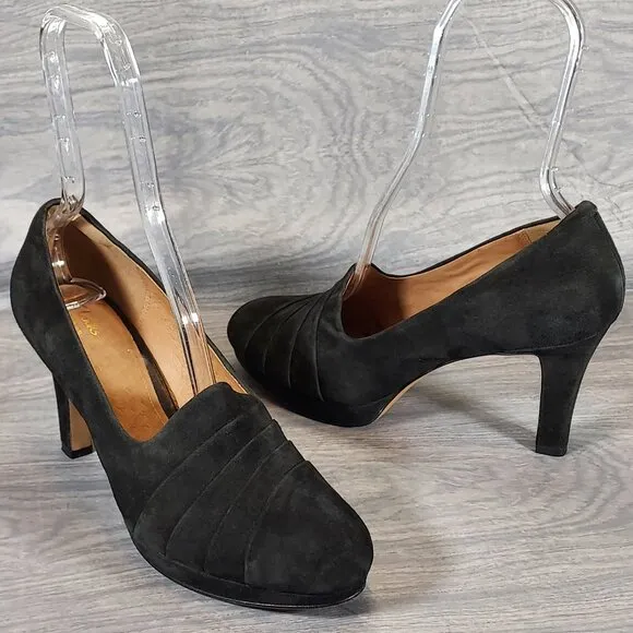 Clarks Women's Delsie Joy Pumps Size 10 Black Suede Pleated Platform Heels Shoes