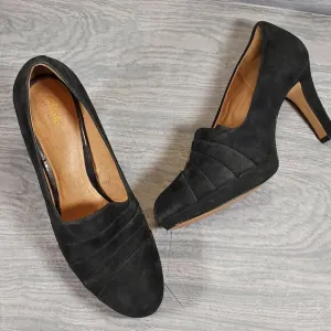 Clarks Women's Delsie Joy Pumps Size 10 Black Suede Pleated Platform Heels Shoes