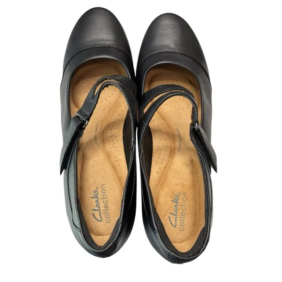 Clarks Womens Emily Clover Black Leather Mary Jane Pump Shoe Size 11 Wide Heels