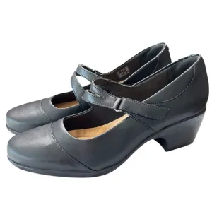 Clarks Womens Emily Clover Black Leather Mary Jane Pump Shoe Size 11 Wide Heels