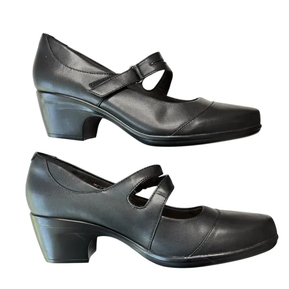 Clarks Womens Emily Clover Black Leather Mary Jane Pump Shoe Size 11 Wide Heels