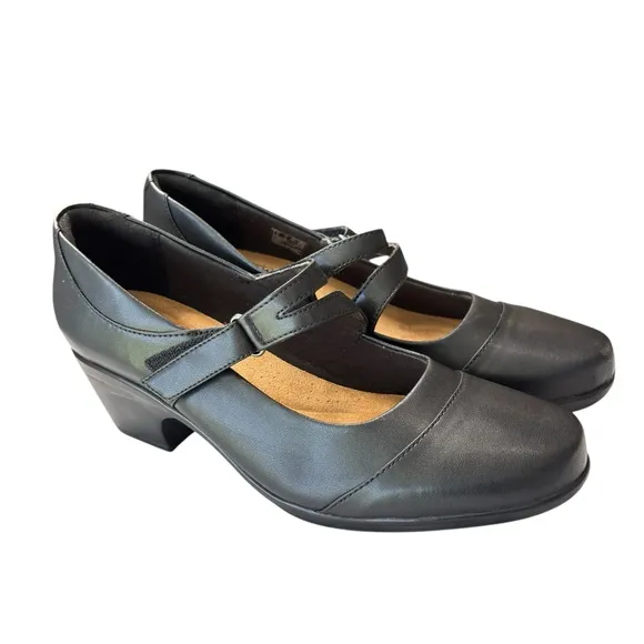 Clarks Womens Emily Clover Black Leather Mary Jane Pump Shoe Size 11 Wide Heels
