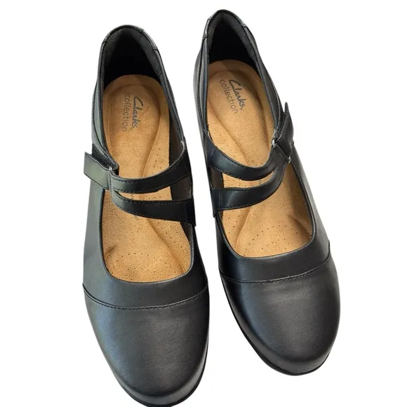 Clarks Womens Emily Clover Black Leather Mary Jane Pump Shoe Size 11 Wide Heels