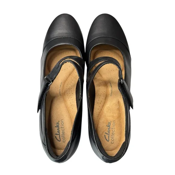 Clarks Womens Emily Clover Black Leather Mary Jane Pump Shoe Size 11 Wide Heels