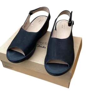 Clarks Women's Reedly Shaina Black Nubuck Wedge Sandal Size 11m -new