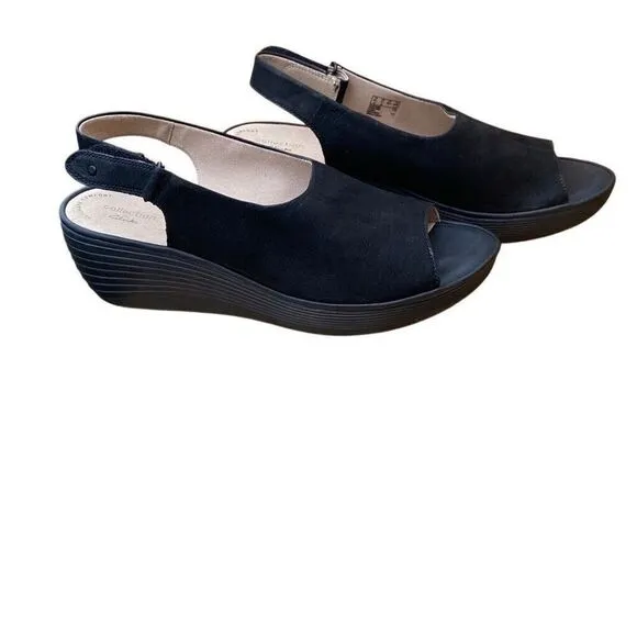 Clarks Women's Reedly Shaina Black Nubuck Wedge Sandal Size 11m -new