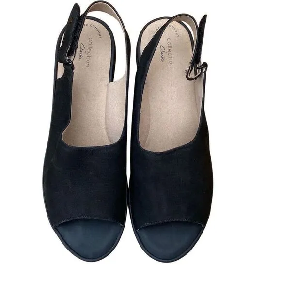 Clarks Women's Reedly Shaina Black Nubuck Wedge Sandal Size 11m -new