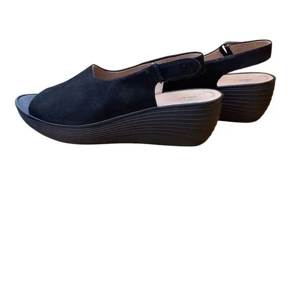 Clarks Women's Reedly Shaina Black Nubuck Wedge Sandal Size 11m -new