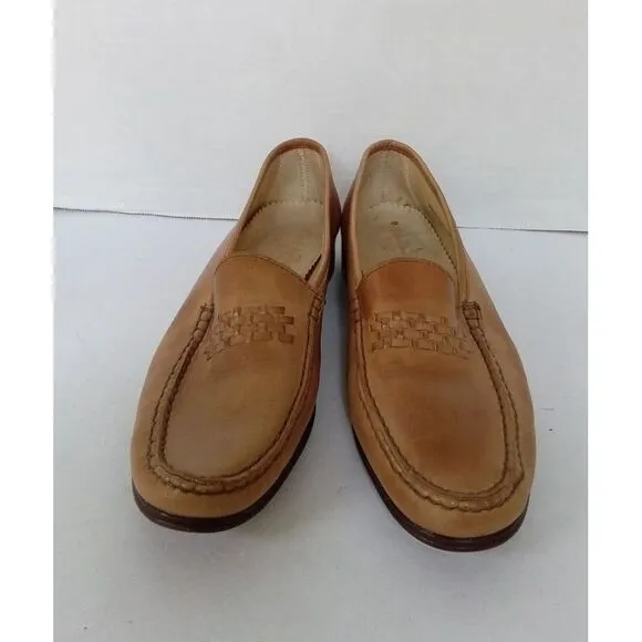 Classic Tan Leather Loafers Woven Detail Slip-On Comfort Dress Shoes‎