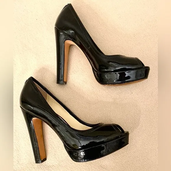 Coach Breana Black Patent Leather Peep Toe Platform High Heels Shoes Size 6.5M