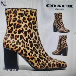 COACH Brown Drea Beadchain Leopard Block Heel Almond Toe Ankle Boots Booties 5