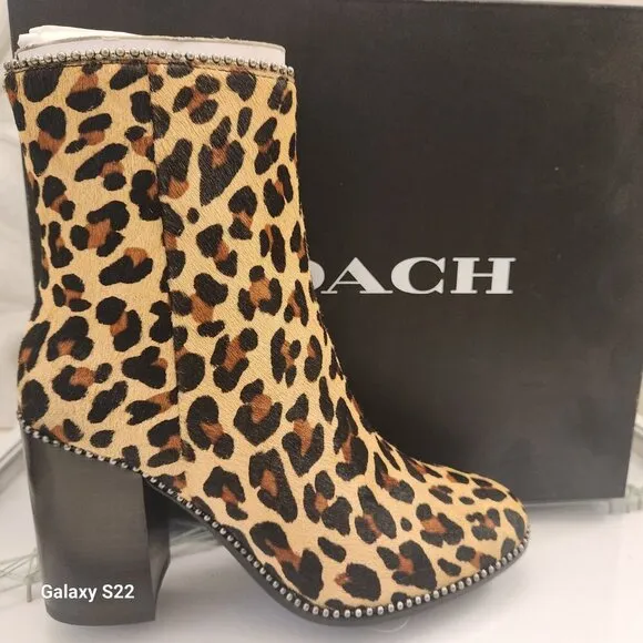 COACH Brown Drea Beadchain Leopard Block Heel Almond Toe Ankle Boots Booties 5