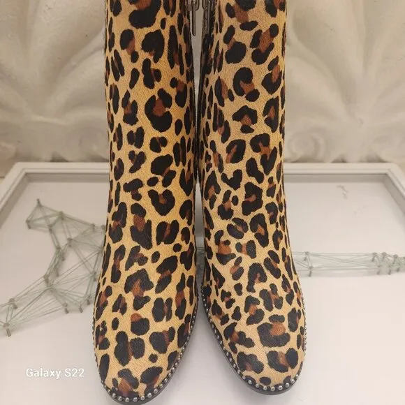 COACH Brown Drea Beadchain Leopard Block Heel Almond Toe Ankle Boots Booties 5
