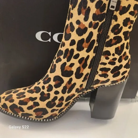 COACH Brown Drea Beadchain Leopard Block Heel Almond Toe Ankle Boots Booties 5