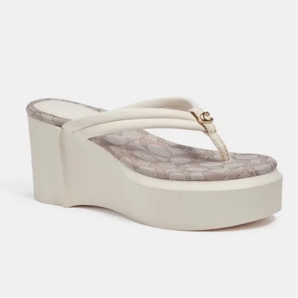 COACH ‘Franki’ Signature Jacquard Platform Wedge Resort Thong Sandals Chalk US11