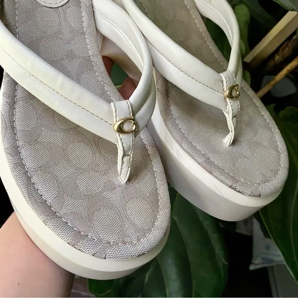 COACH ‘Franki’ Signature Jacquard Platform Wedge Resort Thong Sandals Chalk US11