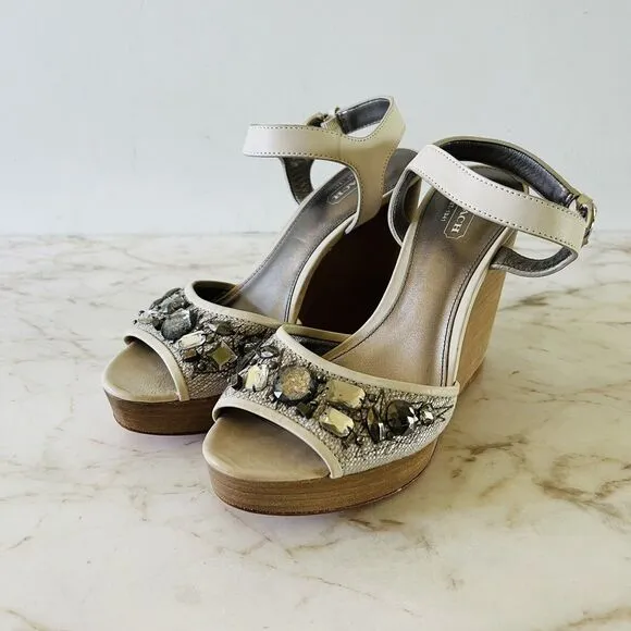 COACH Hanson Tan Gray Jeweled Rhinestone Platform Wedge Heel Sandals - US 8