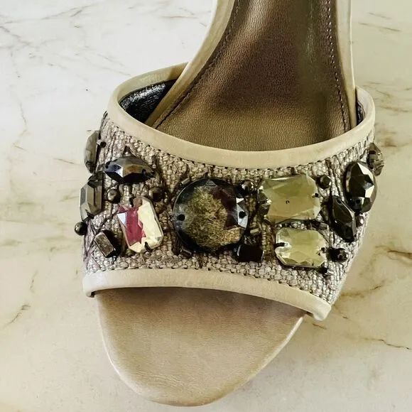 COACH Hanson Tan Gray Jeweled Rhinestone Platform Wedge Heel Sandals - US 8