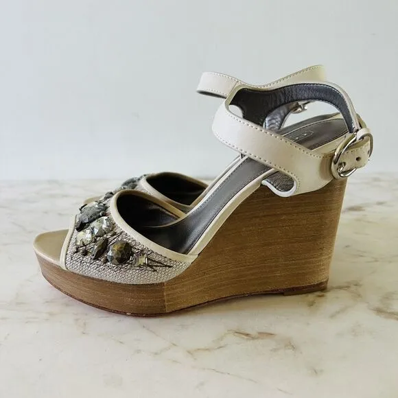COACH Hanson Tan Gray Jeweled Rhinestone Platform Wedge Heel Sandals - US 8