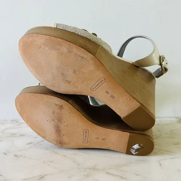 COACH Hanson Tan Gray Jeweled Rhinestone Platform Wedge Heel Sandals - US 8