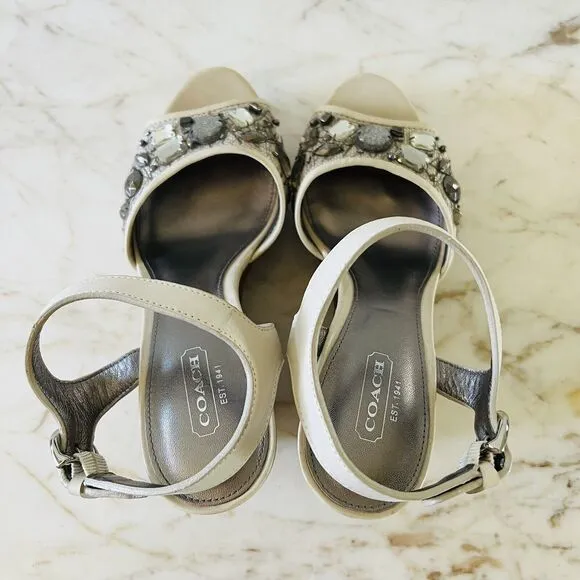 COACH Hanson Tan Gray Jeweled Rhinestone Platform Wedge Heel Sandals - US 8