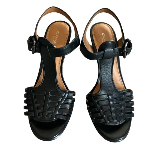 Coach Izzy Woven T-Strap High Heel Sandals Size 5.5 black